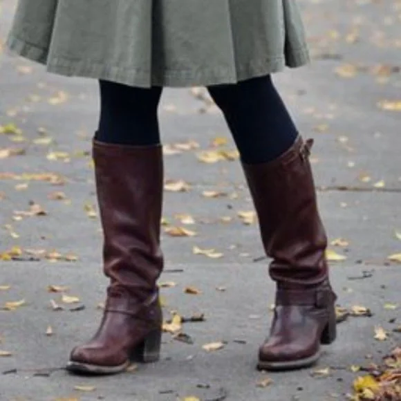 Frye Vera Slouch Grey Black Leather Block Heel Moto Knee High Tall Buckle Boot - Picture 5 of 13
